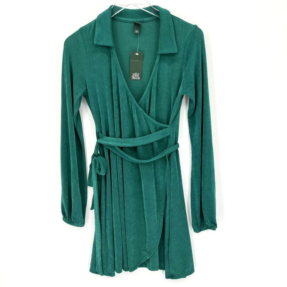 Wild Fable Balloon Sleeve Green Long Sleeve Wrap Dress